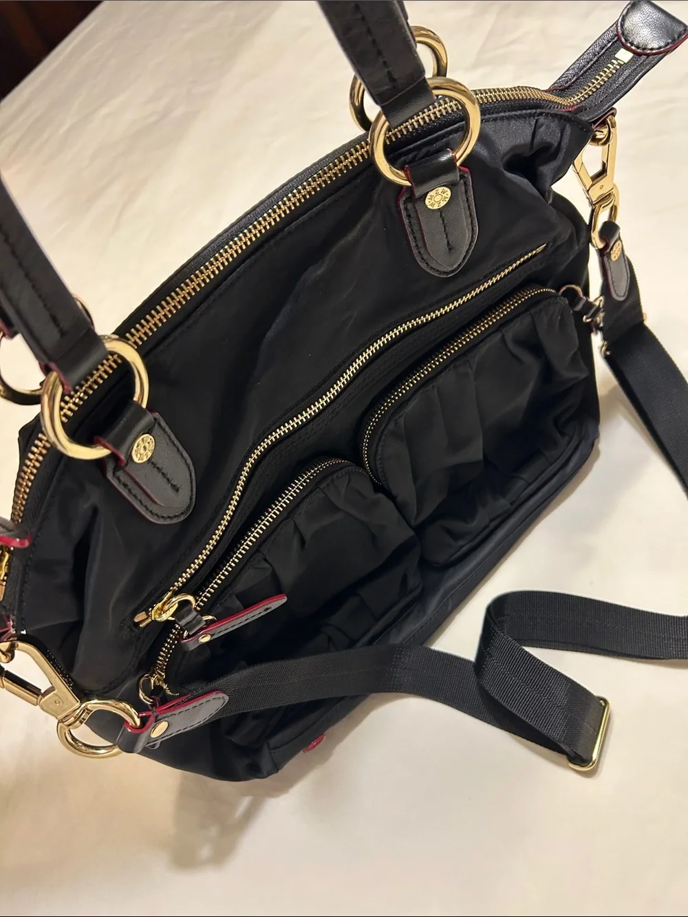 MZ Wallace Black Nylon Satchel with Gold Hardware and Red Trim